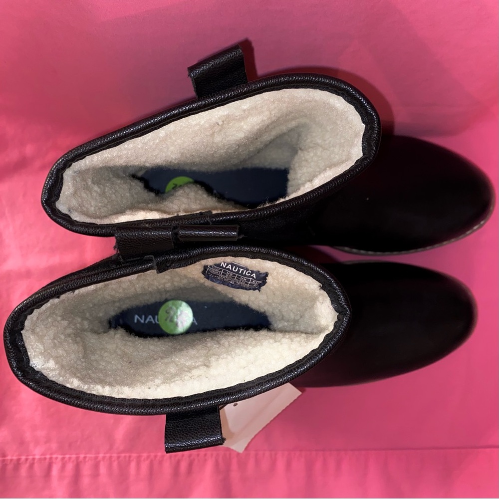 Nautica Boots Black Cream Faux Leather Suede Shearling Women 9.5 Men 8 Cozy Chic - Picture 4 of 13